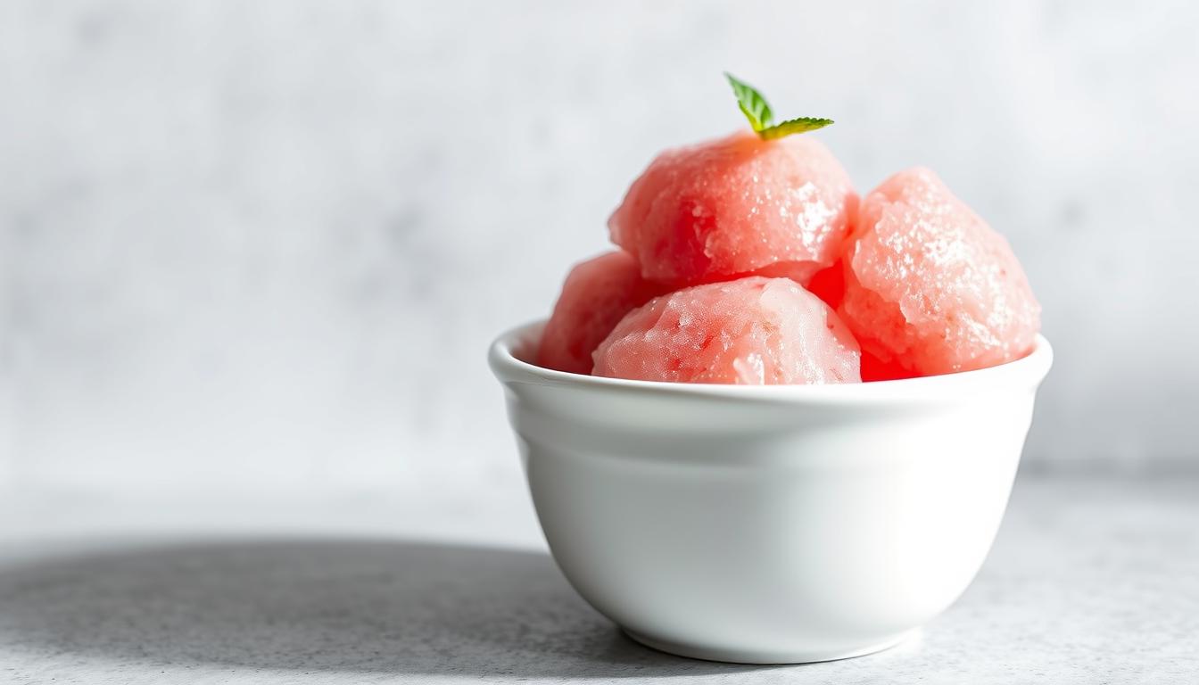 A vibrant, chilled watermelon sorbet dessert, served in a white ceramic bowl, against a minimalist, light gray background. The sorbet has a smooth, icy texture and a glistening, pale pink hue, reflecting the natural sweetness of the fruit. Subtle shadows and highlights accentuate the sorbet's creamy, frozen appearance. The bowl is positioned at a slight angle, creating a sense of depth and inviting the viewer to imagine the refreshing, guilt-free taste. Soft, natural lighting illuminates the scene, capturing the sorbet's alluring, summery appeal. The overall composition exudes a clean, elegant and appetizing atmosphere, perfectly suited to illustrate a healthy, homemade summer dessert.