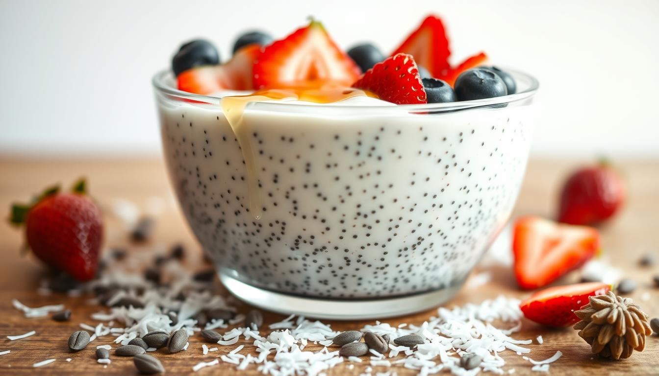 A delicate, creamy coconut chia seed pudding, with a smooth, silky texture. In the foreground, the pudding is presented in a clear glass bowl, topped with fresh sliced strawberries, blueberries, and a drizzle of honey. The middle ground features a scattering of whole chia seeds and shredded coconut, creating a visually appealing contrast. The background showcases a clean, minimalist setting, with a wooden table and a subtle, soft lighting that casts a warm, inviting glow over the scene. The overall composition evokes a sense of freshness, health, and indulgence, perfectly capturing the essence of a guilt-free summer dessert.