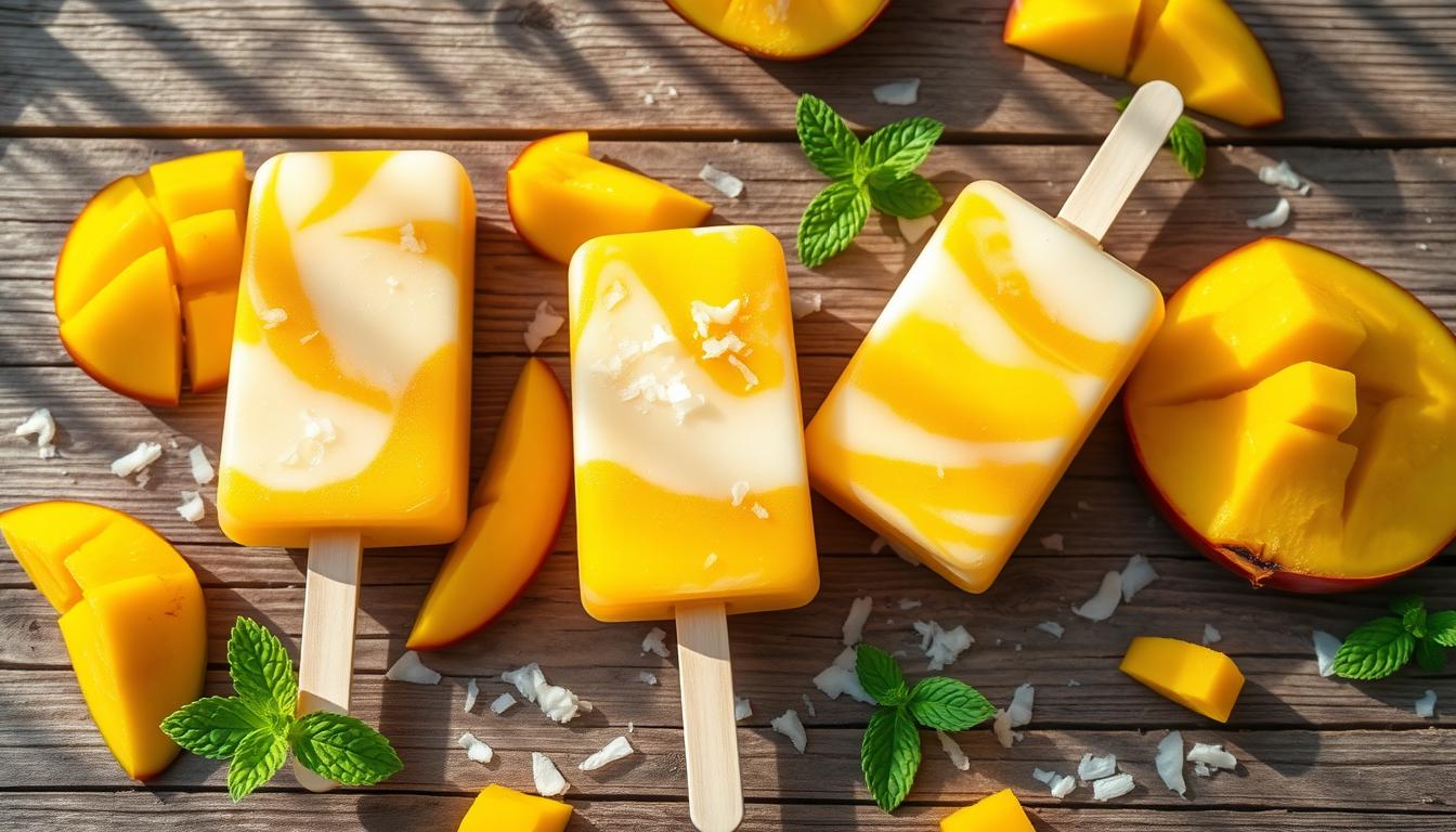 Vibrant mango and coconut popsicles, their layers swirled together in a creamy, tropical fusion. Juicy mango cubes and shredded coconut flecks suspended in a smooth, coconut milk base, frozen on sleek wooden sticks. Dappled sunlight filters through the transparent popsicles, casting a warm, golden glow. The popsicles are arranged artfully on a rustic wooden surface, complemented by fresh slices of mango and sprigs of mint for a refreshing, summery composition. The overall mood is one of bright, refreshing delight - the perfect treat to cool down on a hot summer day.