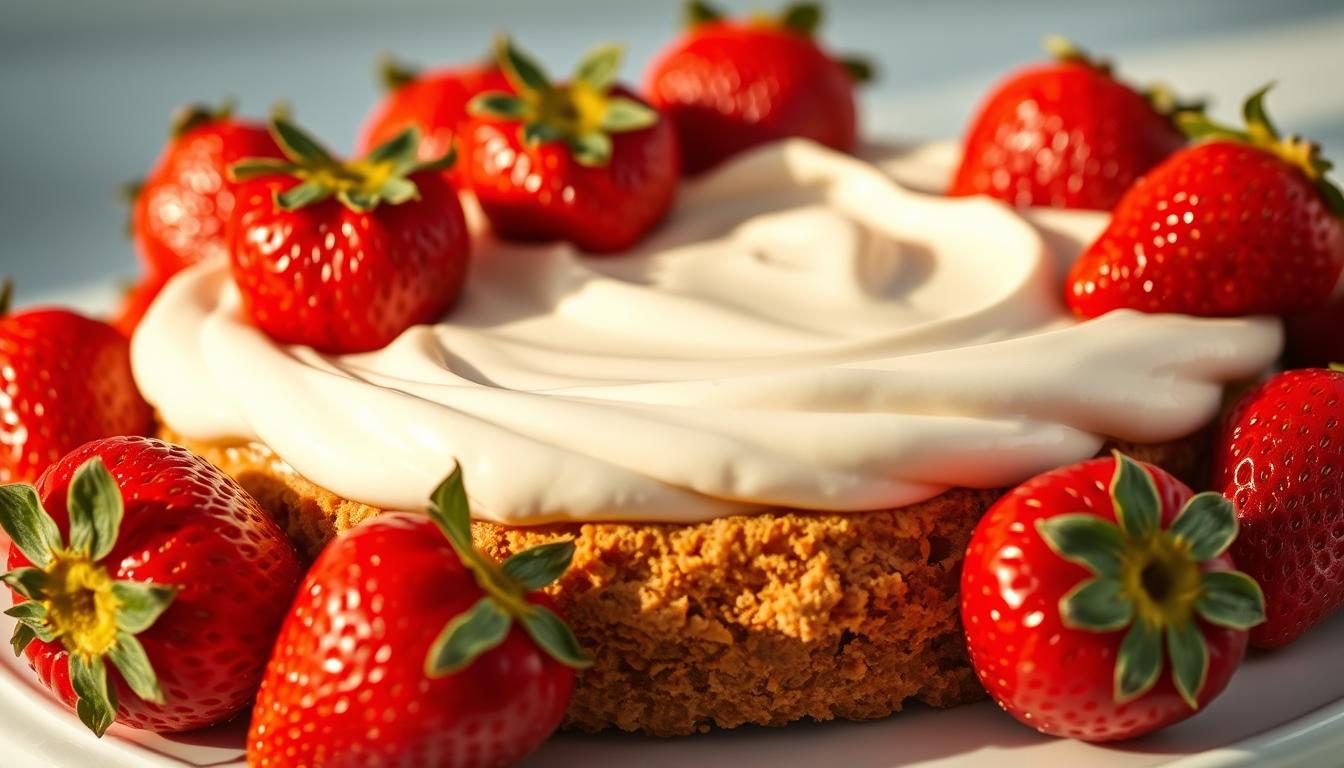 A tempting arrangement of juicy strawberries, delicate white cream, and a crumbly graham cracker crust, captured in an elegant close-up shot. The luscious strawberries are bathed in warm, golden lighting, highlighting their vibrant red hues and glossy surfaces. The creamy filling has a soft, billowy texture, contrasting beautifully with the crisp, golden-brown crust. The entire dessert is set against a simple, clean background, allowing the fresh, summery flavors to take center stage. The overall mood is one of indulgence and refreshment, perfectly capturing the essence of a no-bake strawberry cheesecake.