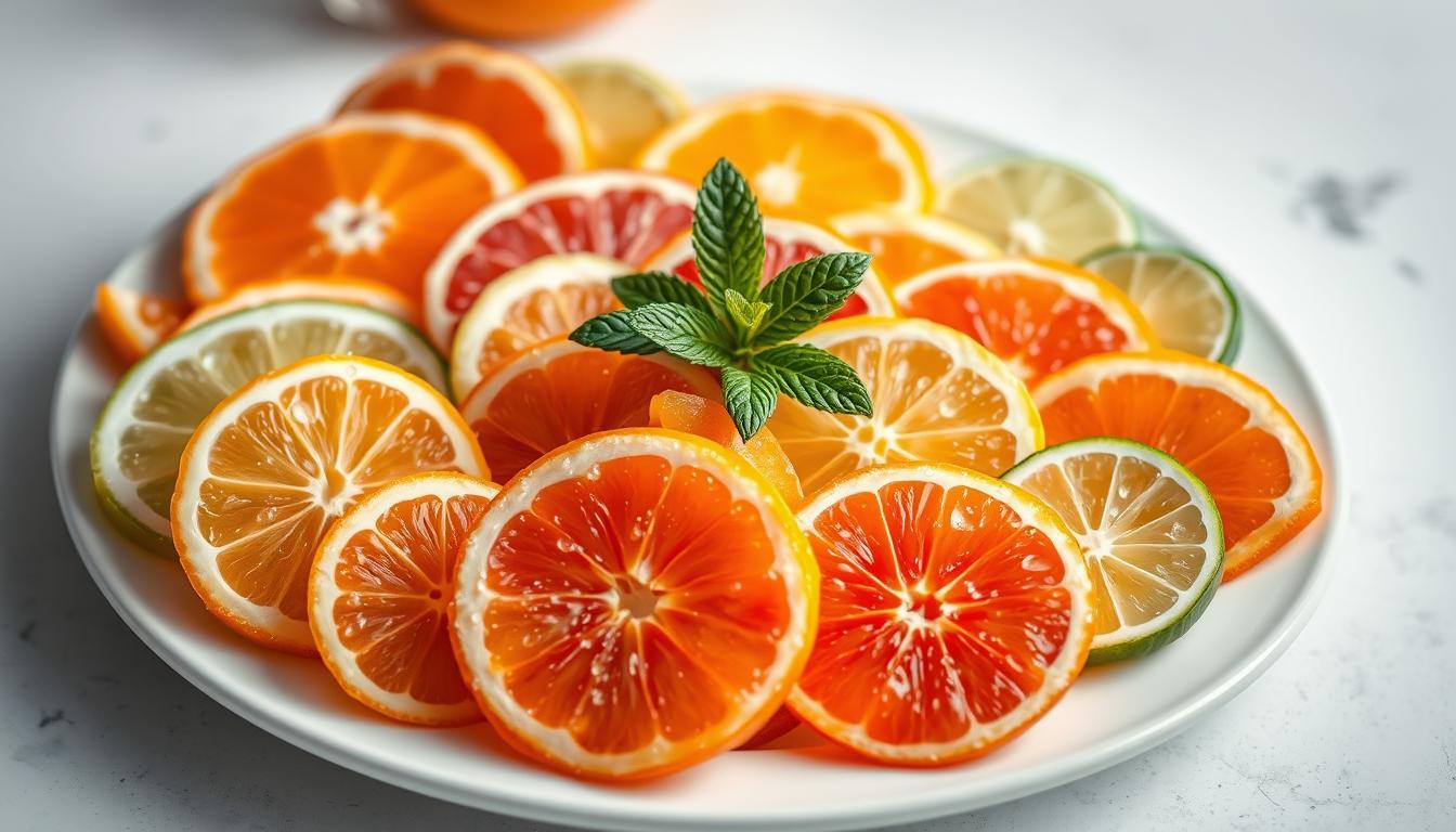 A vibrant, juicy citrus fruit salad arranged on a white ceramic platter. In the foreground, sliced oranges, grapefruits, lemons, and limes are artfully layered, their bright hues contrasting against the clean, minimalist backdrop. Droplets of dew cling to the glistening fruit, as if freshly plucked. The middle ground features sprigs of fresh mint, their green leaves providing a complementary herbal note. Soft, diffused lighting casts a natural, summery glow, highlighting the succulent textures and juicy vitality of the citrus medley. The overall mood is refreshing, healthy, and visually appetizing, inviting the viewer to savor the zesty flavors of this cooling fruit salad.