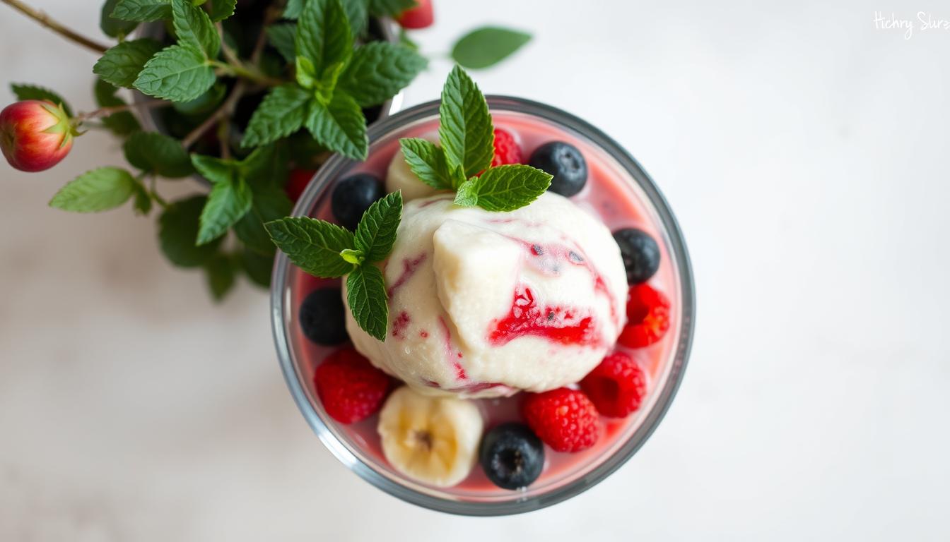 A luscious frozen banana &quot;nice cream&quot; sits atop a glass bowl, its smooth, creamy texture glistening under soft, natural lighting. The banana puree is swirled with vibrant, fresh-picked berries, their juicy sweetness providing a delightful contrast. Delicate mint leaves, plucked from a nearby plant, are artfully arranged around the bowl, adding a refreshing, herbal aroma. The scene is captured from a slight overhead angle, highlighting the inviting presentation of this guilt-free summer treat. The backdrop is a minimalist, light-colored surface, allowing the colorful dessert to take center stage and evoke a sense of simplicity and purity.