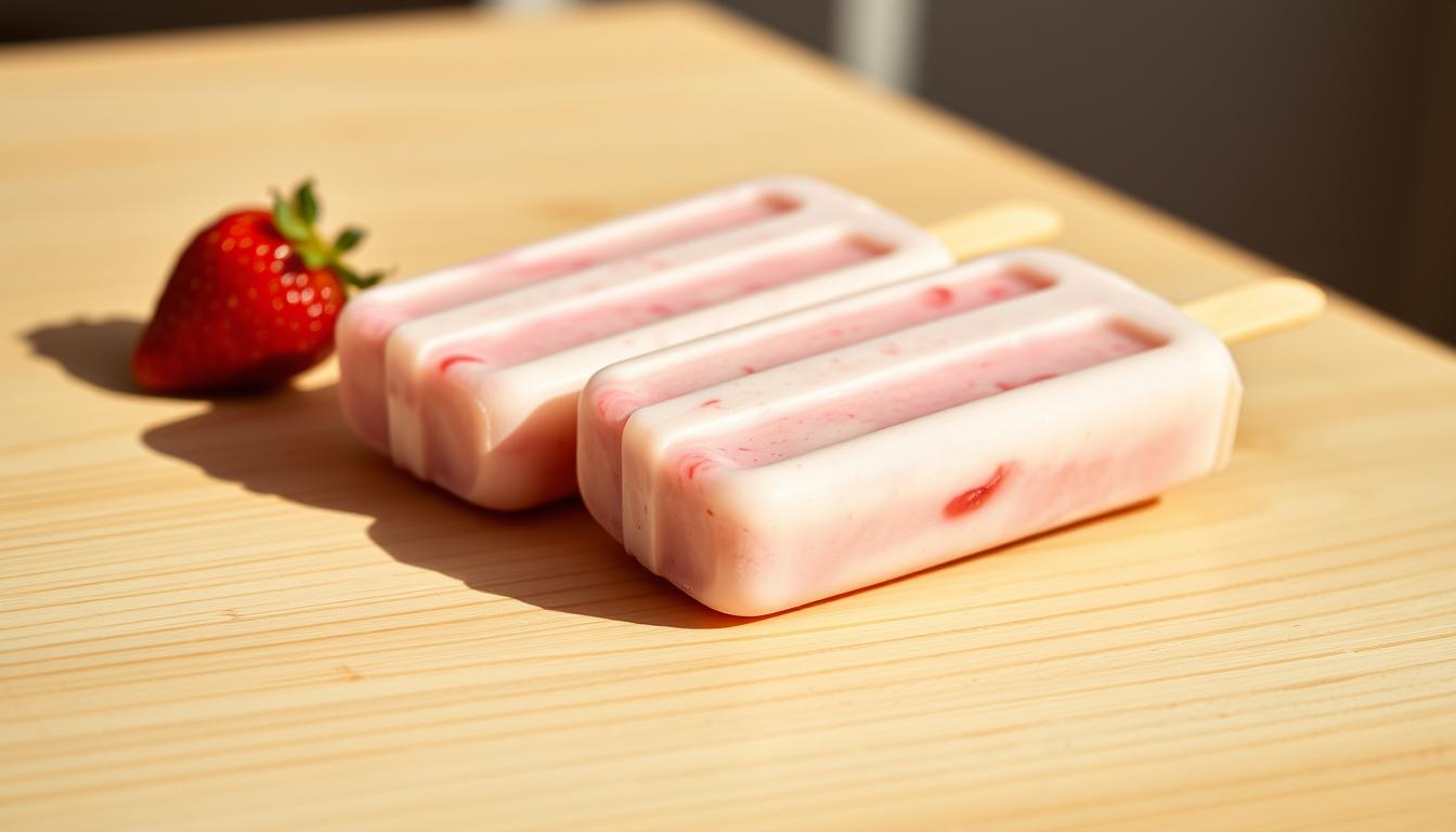 A close-up shot of homemade frozen yogurt popsicles on a light wooden surface. The popsicles have a creamy, natural-looking texture and are made with fresh strawberries, giving them a vibrant pink hue. The popsicles are positioned at an angle, casting soft shadows, and the lighting is warm and natural, creating a cozy, summery atmosphere. The background is blurred, allowing the popsicles to be the focal point. The overall scene conveys a sense of freshness, health, and indulgence.