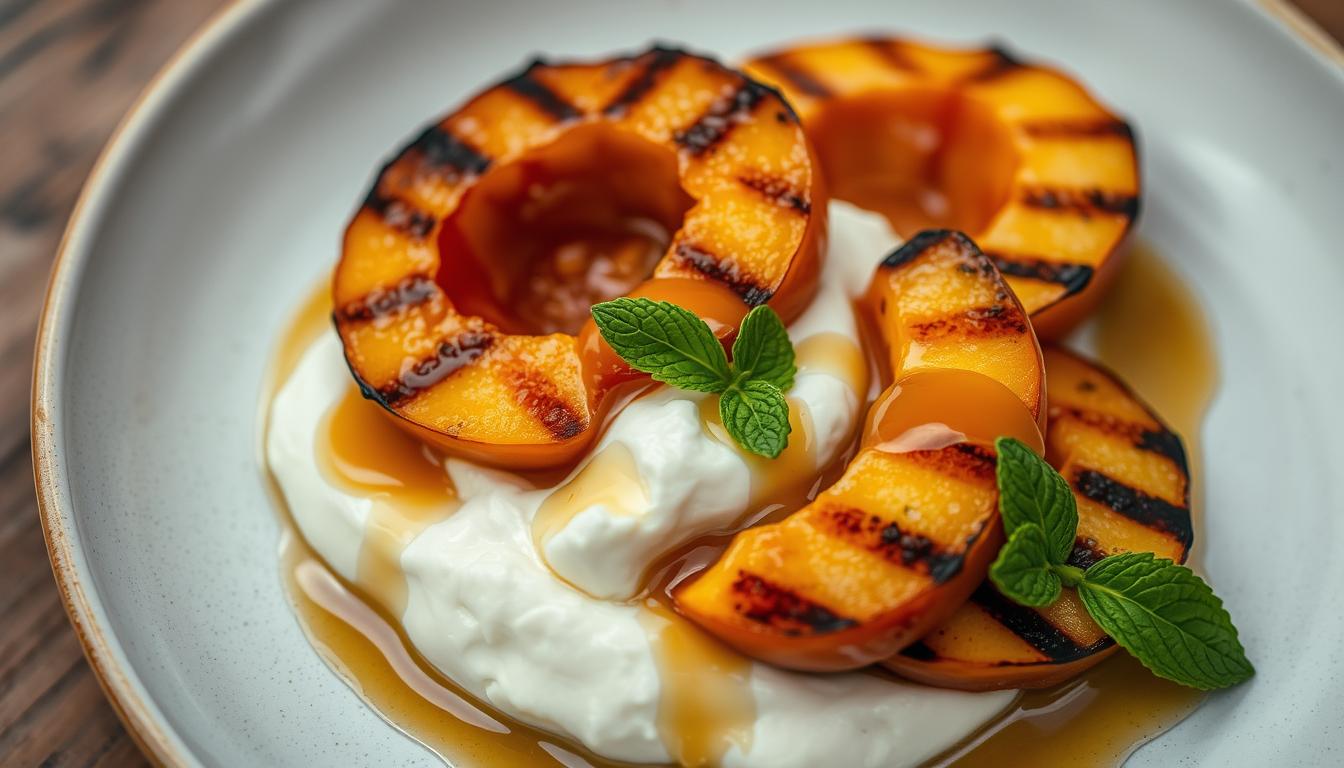 A close-up shot of a plate featuring grilled, golden-brown peach halves, their surfaces glistening with a drizzle of rich, amber-colored honey. The peaches are nestled atop a creamy, cloud-like bed of lightly sweetened mascarpone cheese, its velvety texture contrasting with the char-kissed fruit. The composition is artfully arranged, with a few sprigs of fresh mint adding a vibrant pop of green to the scene. Soft, diffused lighting casts a warm, summery glow, accentuating the juicy, caramelized edges of the peaches and the glossy sheen of the honey. The overall mood is one of rustic elegance, perfectly capturing the essence of a delightful summer dessert.