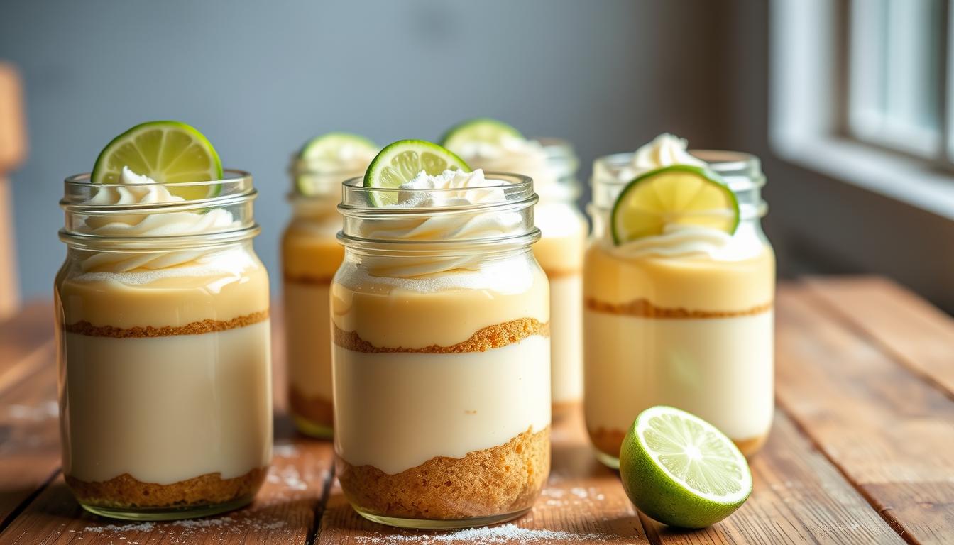 Elegant mason jars filled with vibrant key lime pies, adorned with a dusting of powdered sugar and a slice of fresh lime. The pies are nestled on a rustic wooden table, their creamy texture and tart flavor shining through. Soft, diffused natural lighting bathes the scene, creating a warm, summery ambiance. The jars are arranged in a visually appealing composition, hinting at the delightful dessert experience waiting to be savored. The overall mood is one of fresh, indulgent summer bliss, perfectly capturing the essence of a delectable key lime pie served in a charming mason jar.