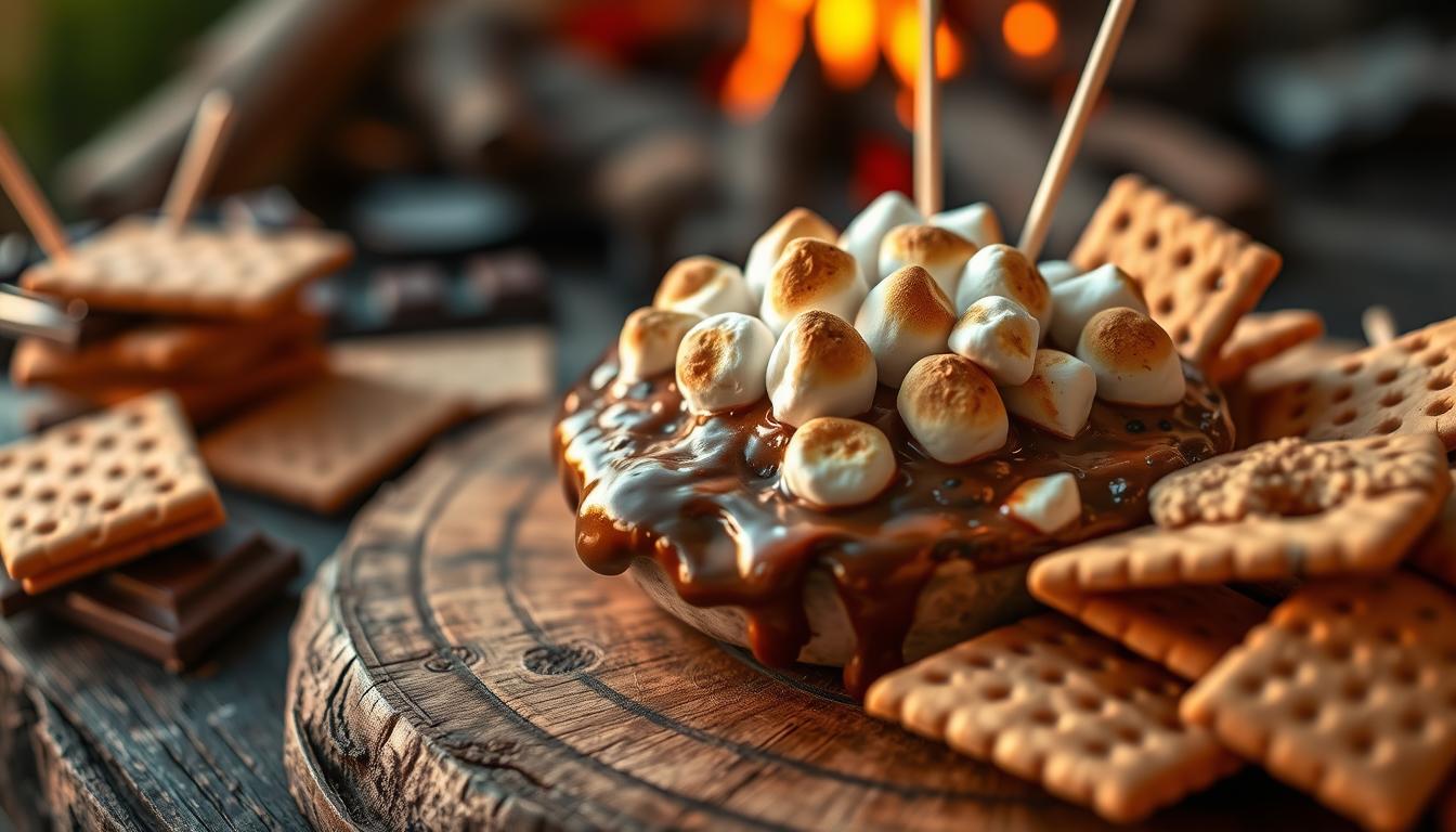 A luscious s'mores dip on a rustic wooden surface, with melted chocolate and gooey marshmallows, surrounded by graham crackers, chocolate bars, and skewers for dipping. The scene is bathed in warm, golden lighting, evoking the ambiance of a cozy campfire. The focus is sharp on the dip, while the background is slightly blurred, creating a depth of field that draws the eye to the delectable centerpiece. The overall composition is balanced and visually appealing, perfectly capturing the essence of summertime indulgence and the nostalgic flavors of s'mores.