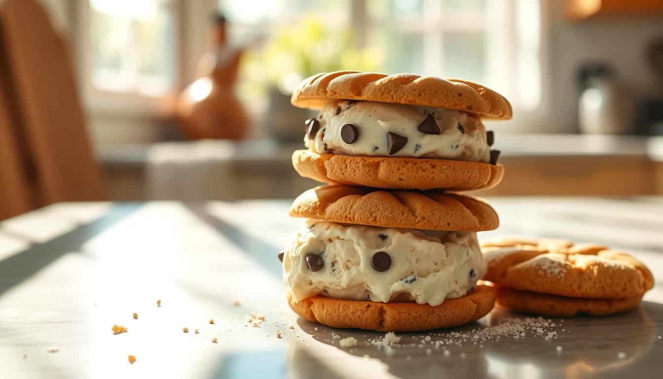 A lush, sun-dappled kitchen counter showcases a stack of homemade ice cream cookie sandwiches. The cookies are golden-brown and slightly crinkled at the edges, filled with generous scoops of rich, creamy ice cream in flavors like vanilla bean and chocolate chip. Soft shadows play across the scene, lending a warm, inviting atmosphere. The cookies are arranged artfully, with a few crumbs and sprinkles of powdered sugar adding to the rustic, homemade aesthetic. A light, airy bokeh effect in the background creates a dreamy, summertime mood, drawing the viewer's eye to the delectable desserts at the center of the frame.