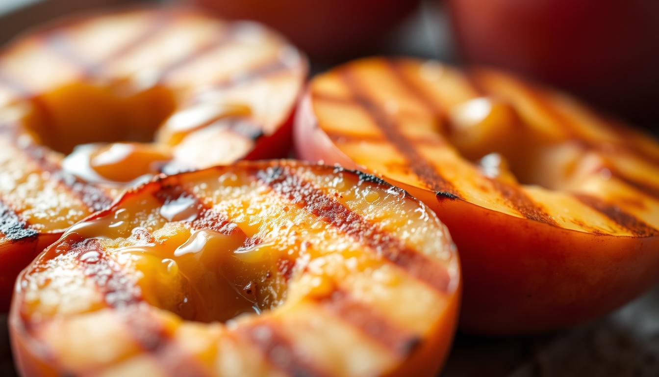 A mouthwatering close-up of freshly grilled peach halves, their caramelized edges glistening in the warm, golden light. Drizzles of rich, amber honey and a delicate dusting of fragrant cinnamon create a visually appealing and appetizing contrast against the peaches' lush, juicy flesh. The image is shot at a slightly elevated angle, highlighting the intricate texture and natural beauty of the fruit. The background is softly blurred, keeping the focus solely on the sumptuous, tempting display of this guilt-free summer dessert.
