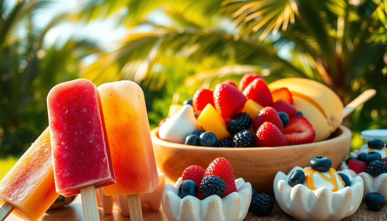 A vibrant summer scene of refreshingly guilt-free desserts, bathed in warm golden light and set against a backdrop of lush greenery. In the foreground, a selection of chilled fruit popsicles in assorted flavors - watermelon, raspberry, and mango - glistening with tiny beads of condensation. In the middle ground, a large wooden bowl overflows with an array of colorful fresh berries - plump strawberries, juicy blueberries, and tangy blackberries. Surrounding the bowl, delicate meringue nests filled with creamy Greek yogurt and drizzled with a touch of honey. In the background, a verdant garden with swaying palm leaves and a clear blue sky, creating a serene and rejuvenating atmosphere. The lighting is soft and diffused, emphasizing the natural sweetness and vibrant hues of the guilt-free summer treats.