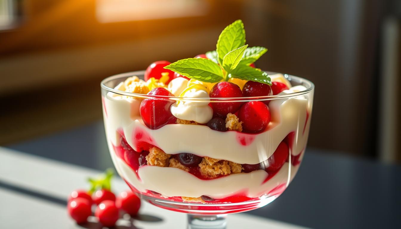 A chilled glass trifle dish filled with vibrant layers of vanilla-scented citrus mousse, tart berry compote, and crumbled shortbread cookies. Sunlight streams through a window, casting a warm glow on the delicate dessert. The glass container showcases the beautiful ombre effect of the creamy custard, ruby-red fruit, and golden biscuit crumbs. Delicate lemon zest and fresh mint leaves add a fragrant finishing touch, creating a visually stunning and refreshing summer treat.