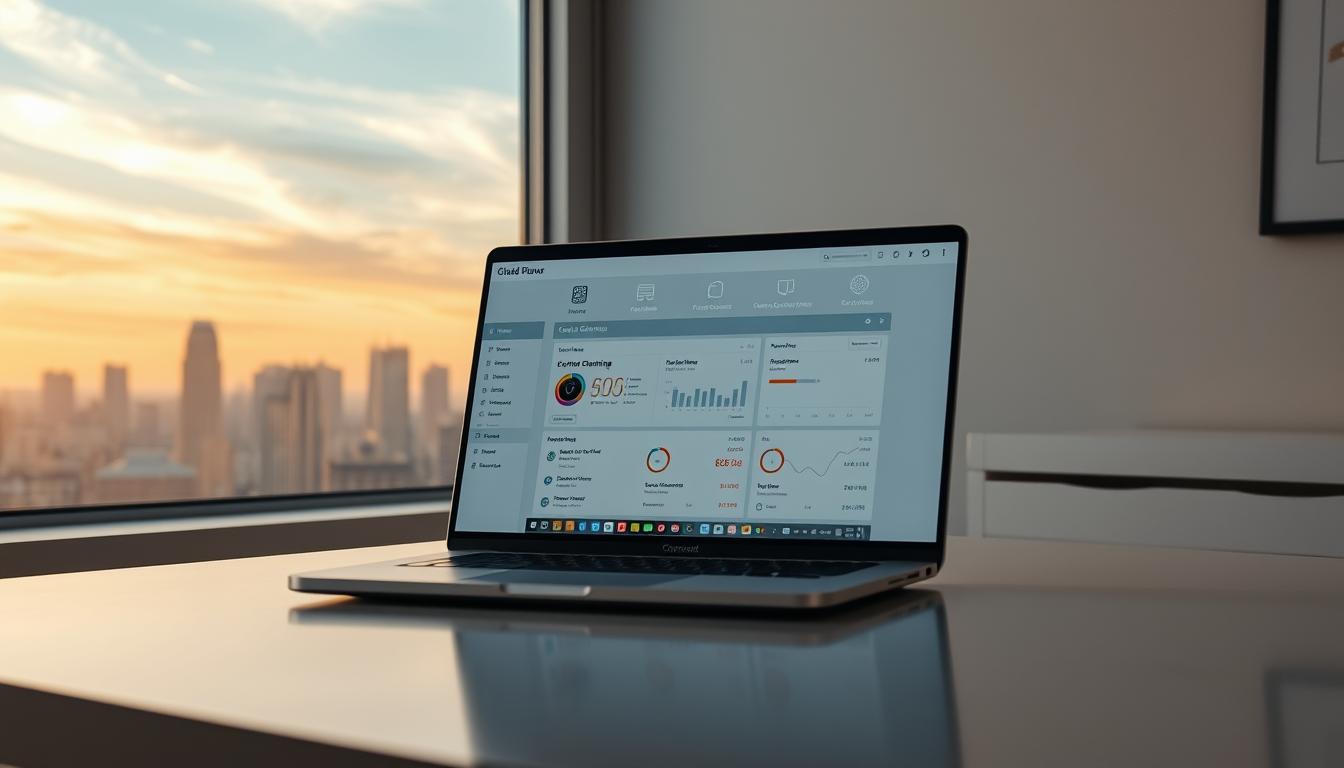 A serene, well-lit home office setting, with a laptop on a minimalist desk. The laptop screen displays a cloud computing interface, showcasing various performance optimization tools and metrics. In the background, a window overlooking a city skyline, with wispy clouds drifting across a warm, golden-hued sky. Subtle lighting emphasizes the screen's details, while the overall composition conveys a sense of focus and efficiency. The desk surface reflects the laptop screen, creating a sense of depth and visual interest. The angle and perspective draw the viewer's attention to the optimization software, highlighting its importance in the context of cloud gaming.