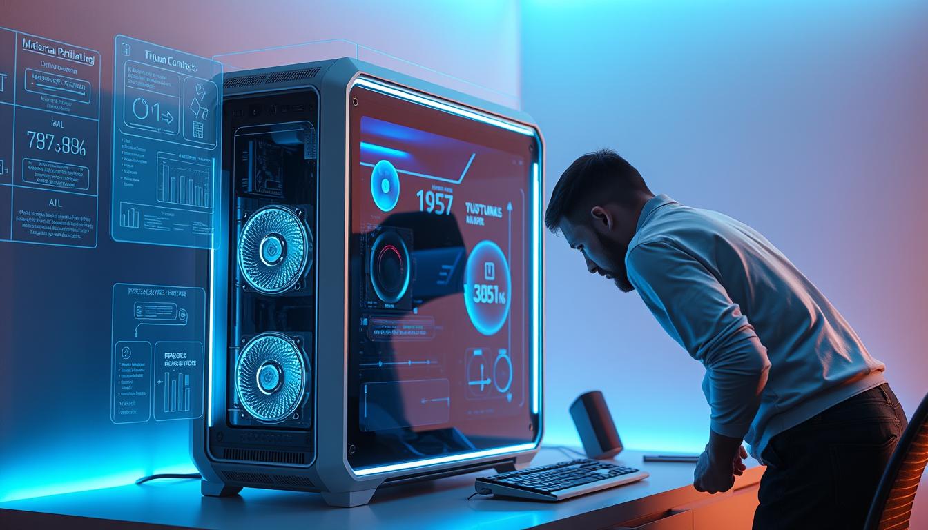A futuristic cloud-connected desktop computer, its sleek chassis bathed in a soft blue glow, stands atop a minimalist workspace. Holographic displays project intricate system diagrams and performance metrics, while a virtual assistant offers real-time optimization suggestions. The user, engrossed in the process, leans forward, their hands deftly navigating a seamless, touch-enabled interface. Ambient lighting subtly shifts, creating a sense of technological harmony as the operating system is fine-tuned for the ultimate cloud gaming experience.