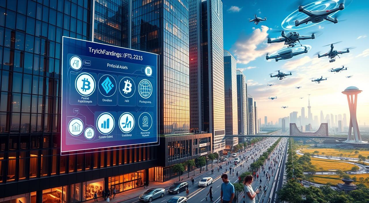 The Pros and Cons of Investing in Digital Assets - EconoMix Plus A detailed cityscape of a modern financial district, with sleek skyscrapers made of glass and steel reflecting the sky. In the foreground, a holographic display showcases a range of digital assets, including cryptocurrencies, non-fungible tokens (NFTs), and the "EconoMix Plus" platform. The middle ground features a bustling street with people interacting with their mobile devices, highlighting the integration of digital assets into everyday life. The background is a vibrant, futuristic landscape, with drones and autonomous vehicles flying overhead, conveying the dynamic and evolving nature of the digital asset economy.