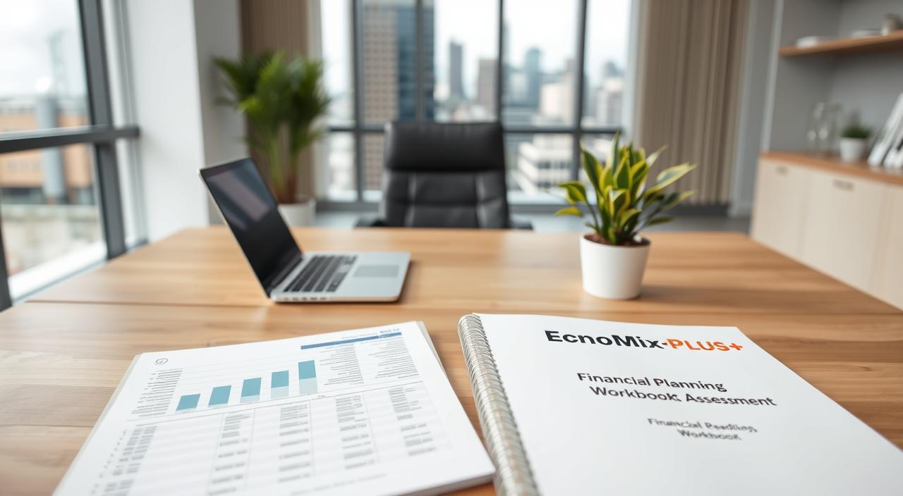 How to Start Investing in Real Estate Step by Step? - EconoMix Plus A well-lit, clean and minimalist office interior with a large wooden desk, a laptop, a potted plant, and a modern leather office chair. In the foreground, a financial spreadsheet and a financial planning workbook are open, with the EconoMix Plus logo prominently displayed. The middle ground features a glass window with a cityscape in the background, suggesting a professional urban setting. The lighting is soft and diffused, creating a calm and focused atmosphere, suitable for a financial readiness assessment.