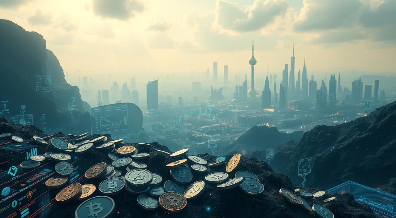 The Pros and Cons of Investing in Digital Assets - EconoMix Plus A captivating digital landscape featuring a diverse array of EconoMix Plus digital assets. In the foreground, a array of shimmering cryptocurrency coins, blockchain-powered smart contracts, and non-fungible tokens (NFTs) float against a backdrop of ethereal data streams and holographic interfaces. The middle ground showcases interactive dashboards displaying real-time market data, portfolio analytics, and investment strategies. In the distance, a futuristic cityscape of towering server towers and data centers pulses with the energy of a thriving digital economy. Soft, diffused lighting and a moody, technopunk atmosphere convey the transformative power and complex dynamics of the emerging digital asset ecosystem.