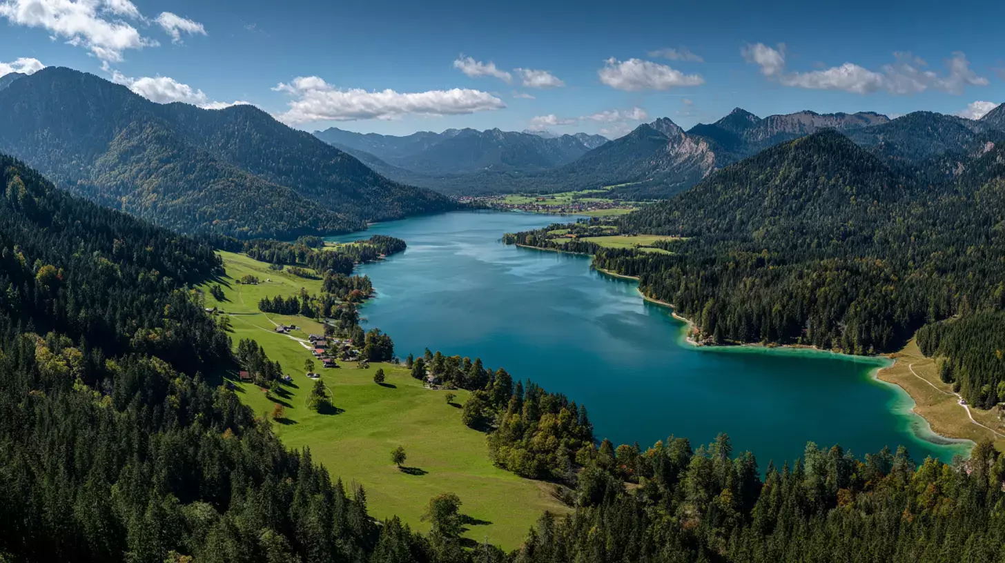 Panoramablick auf den türkisfarbenen Walchensee Bayern mit umliegenden Bergen