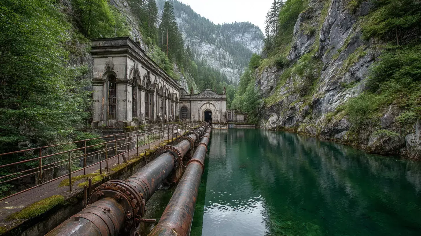 Historisches Walchenseekraftwerk in Bayern mit Wasserleitungen