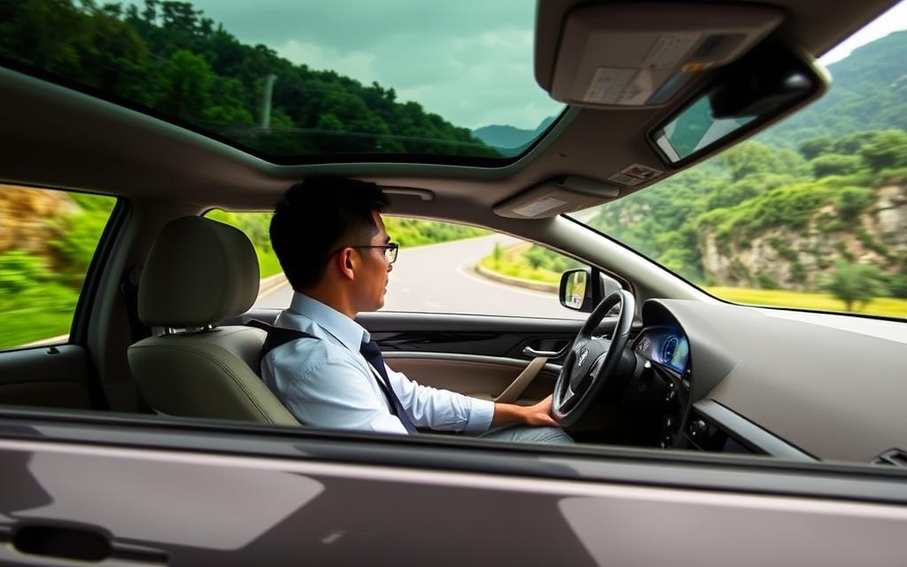 A modern, sleek sedan navigates the winding roads of Nha Trang, framed by the lush, verdant landscapes of the Vĩnh Hy region. The Taxi Star logo is prominently displayed on the side of the vehicle, indicating a private tour service. The driver, dressed professionally, focuses intently on the road ahead, ensuring a smooth and comfortable journey for the passengers. The sedan's interior is well-appointed, with plush seating and a clean, modern design. Soft, diffused lighting illuminates the scene, creating a sense of tranquility and sophistication. This image encapsulates the convenience and flexibility of a private Taxi Star tour, allowing travelers to explore Nha Trang and Vĩnh Hy at their own pace.