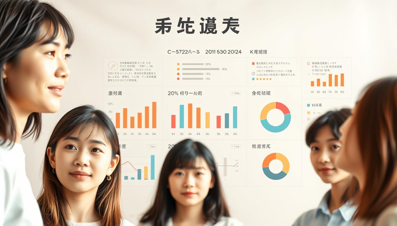 A vibrant, well-designed infographic showcasing the analysis of positive customer reviews. The infographic features a clean, minimalist layout with a warm, pastel color palette. In the foreground, a group of young, attractive Japanese-looking models with natural hairstyles and neutral expressions, arranged in an engaging, dynamic composition. In the middle ground, a series of neatly organized data visualizations, such as bar charts, line graphs, and pie charts, illustrating key insights from the review analysis. The background features a soft, blurred, textured surface, creating a sense of depth and focus on the central information. The overall mood is professional, informative, and visually appealing, perfectly suited to highlight the "成功事例" section of the article.