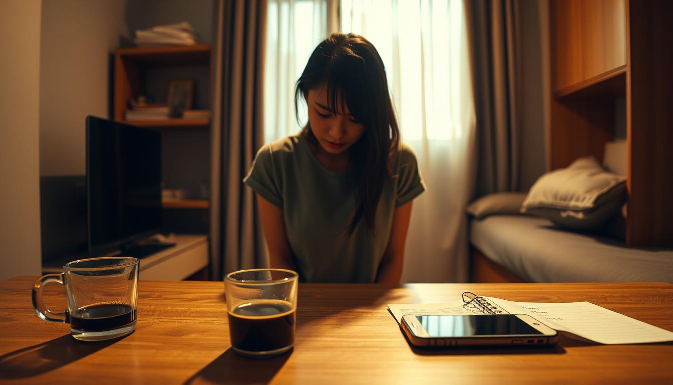 A frustrated Japanese woman stands in her apartment, shoulders slumped, gaze downcast, surrounded by subtle signs of her daily discontent - a half-empty cup of cold coffee, a smartphone on the table with no notifications, a forgotten to-do list gathering dust. Warm, soft lighting casts gentle shadows, highlighting the pensive, melancholic mood. The scene is intimate, relatable, capturing the fleeting moments when a partner's emotional distance triggers a simmering sense of disappointment and longing. This is the visual representation of a common, unspoken relationship struggle.