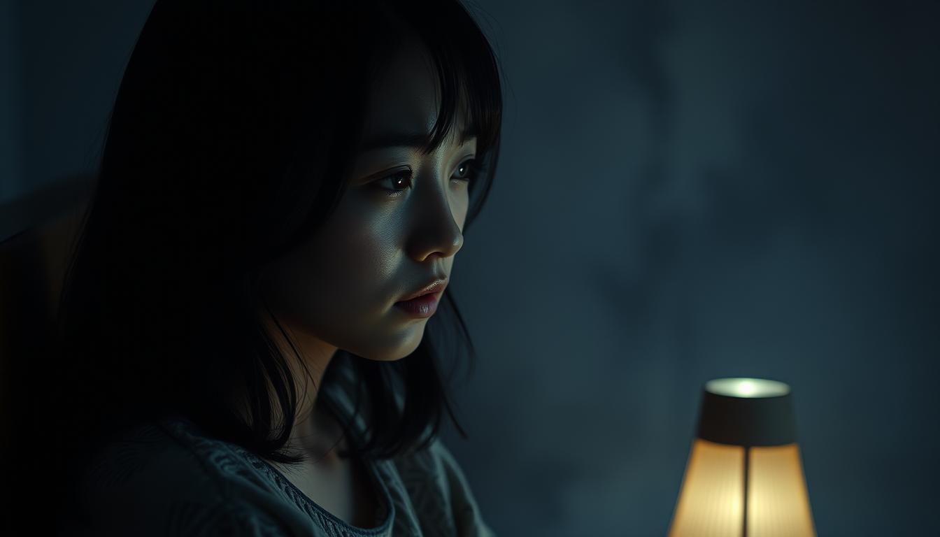 A haunting scene of a young Japanese woman, her delicate features etched with sorrow, as she relives the ghosts of past relationships. Seated in a dimly lit room, the soft glow of a single lamp illuminating her face, she gazes inward, her expression a tapestry of grief, regret, and a profound sense of vulnerability. The background is hazy, a blend of muted colors that evoke a sense of uncertainty and emotional turmoil. The lighting is somber, casting dramatic shadows that accentuate the depth of her pain. Captured through a realistic lens, this image captures the essence of how the trauma of past loves can linger and shape one's reluctance to open their heart again.