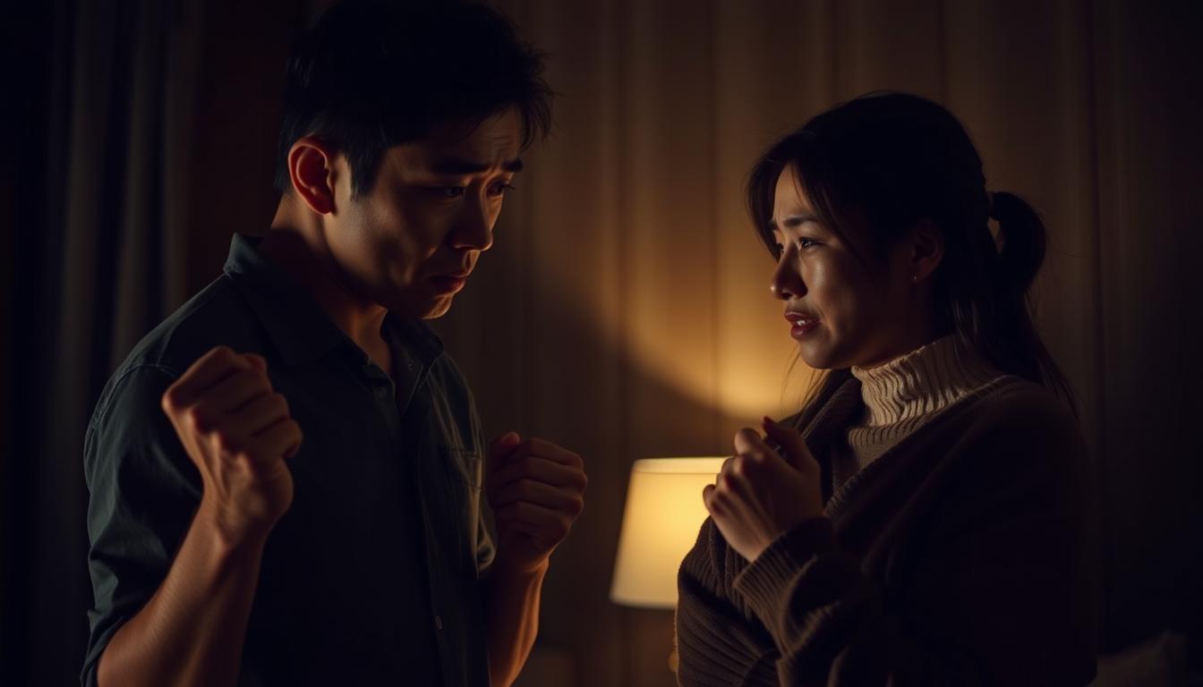 A heated argument between a young Japanese couple, their faces etched with tension and distress, unfolds in a dimly lit room. The man stands with clenched fists, his expression a mix of regret and defensiveness, while the woman's eyes brim with tears, her body language conveying a sense of vulnerability. The scene is captured through a cinematic lens, with dramatic chiaroscuro lighting casting dramatic shadows, emphasizing the emotional turmoil. The overall atmosphere is one of unease and conflict, a stark contrast to the intended resolution and reconciliation described in the article's section title.