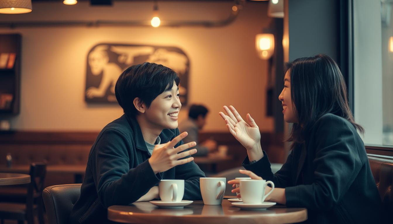A cozy coffee shop interior with warm lighting and muted tones. Two young Japanese-looking people sitting at a table, engaged in a lively conversation. They lean in towards each other, gesturing with their hands as they find common ground and shared interests. The background is slightly blurred, allowing the focus to remain on the intimate moment between the two individuals. The scene conveys a sense of connection, understanding, and the effortless flow of a conversation built on mutual understanding.