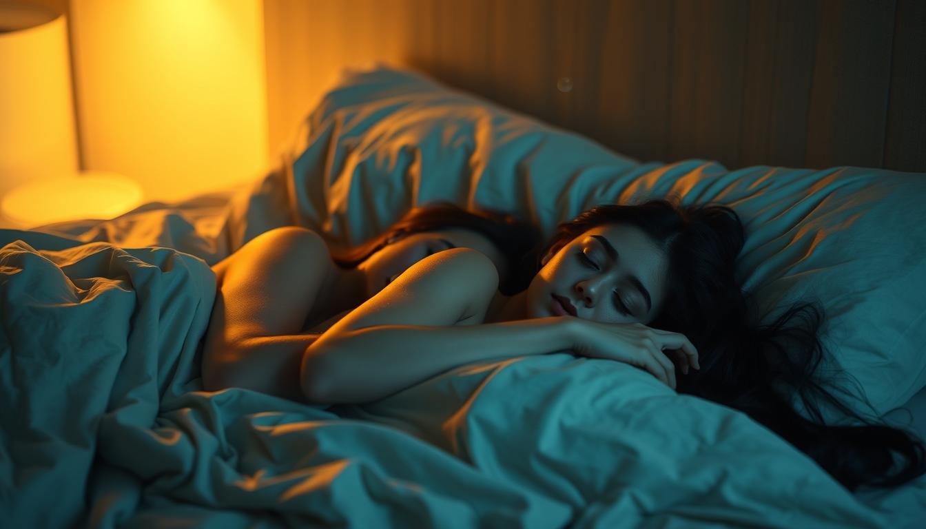 A tranquil bedroom scene, dimly lit by a soft, warm glow. Two individuals, a man and a woman, lie sleeping on a plush, linen-draped bed, their faces serene and youthful. The woman's long, dark hair fans out on the pillow, and the man's features are delicate, almost ethereal. Motes of dust drift lazily in the air, creating an atmosphere of otherworldly enchantment. The scene exudes a sense of profound intimacy and the profound significance of the dream state, hinting at the hidden meanings that may lie within.