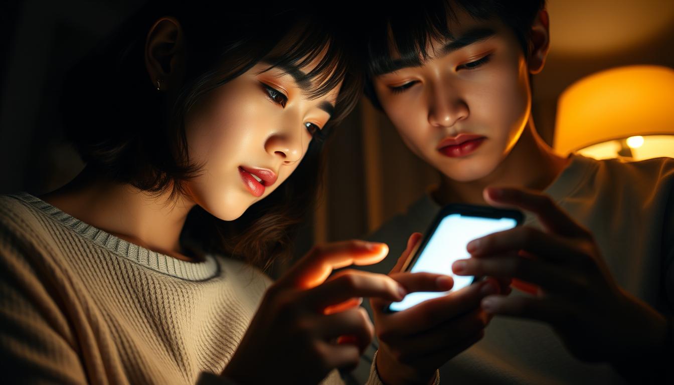 A smartphone screen glows in the dimly lit room, illuminating the focused expressions of two young Japanese individuals as they intently exchange messages. The scene captures the intimacy and connection fostered through the continuous back-and-forth of a messaging app, their fingers deftly navigating the screen, conveying their deepening bond through the speed and rhythm of their responses. The warm, soft lighting casts a natural, realistic ambiance, while the camera angle and framing emphasize the personal, immersive nature of their digital interaction, reflecting the section's theme of the evolving emotional dynamics reflected in their messaging patterns.