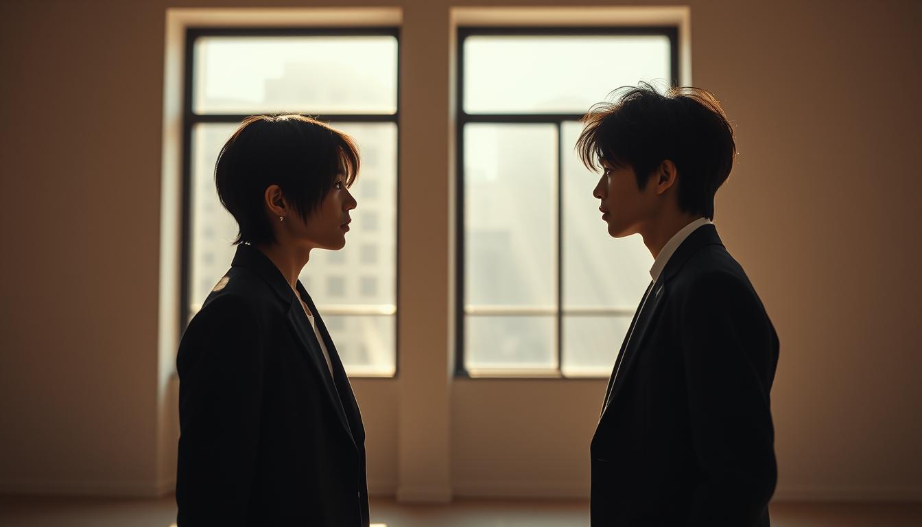 A sleek, modern minimalist scene featuring two stylishly dressed young Japanese-looking individuals engaged in a captivating and enigmatic exchange. Soft natural lighting filters through large windows, casting a warm, contemplative atmosphere. The figures stand in close proximity, their body language and facial expressions conveying a sense of intrigue and subtle tension, as if they are participating in a reversal of roles or an unexpected shift in the conversation. The background is a simple, elegant space with clean lines and muted tones, allowing the interaction between the subjects to take center stage. The overall mood is one of quiet sophistication and interpersonal drama.