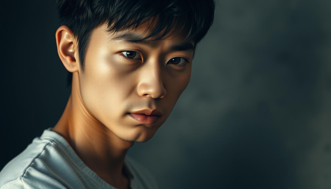 A serene, introspective portrait of a young Japanese man, captured in soft, diffused lighting. His expression is contemplative, with a hint of uncertainty and vulnerability. The foreground focuses on his thoughtful gaze, while the middle ground blurs into a subtly textured, muted backdrop, conveying a sense of psychological depth and emotional restraint. The scene is rendered in a realistic, photographic style, emphasizing the subject's pensive, slightly passive demeanor, reflecting the complex psychology of "受け身な態度."