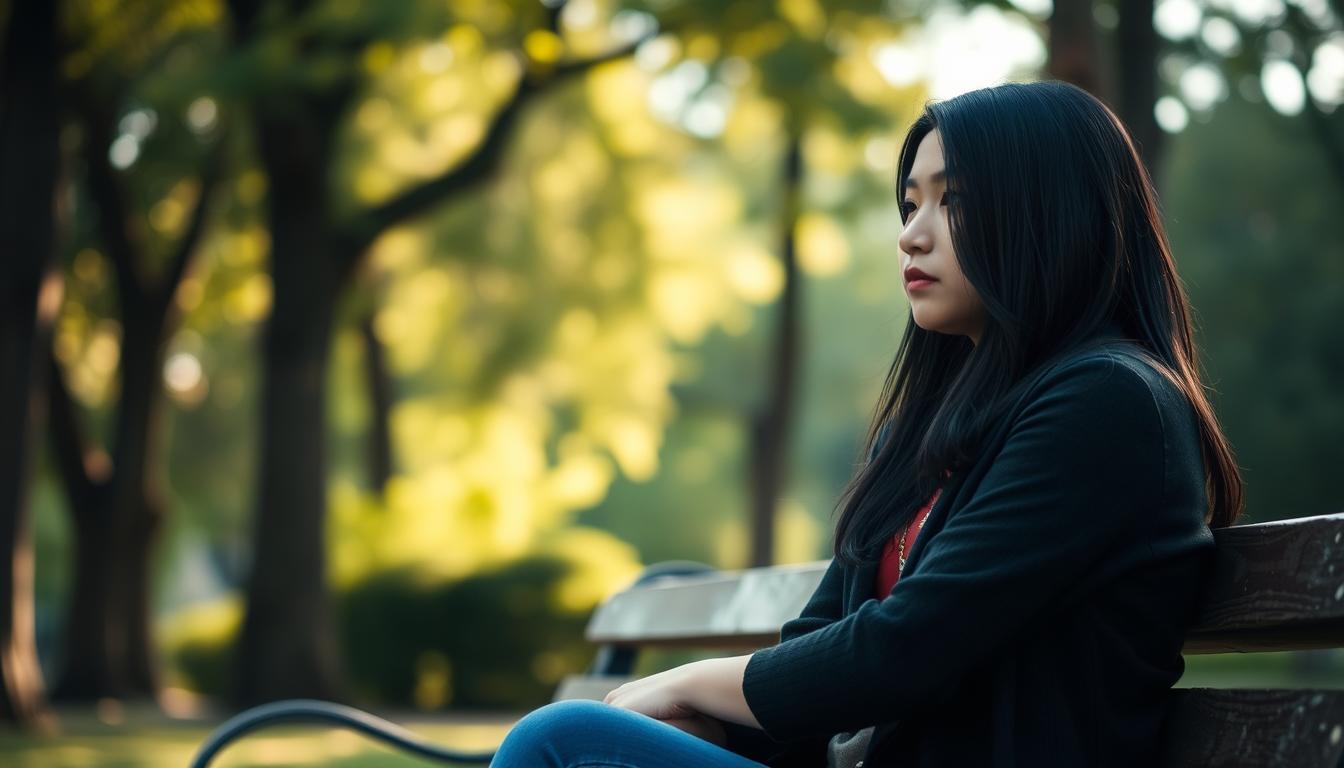A pensive young woman sits alone on a park bench, her dark hair framing a contemplative expression. Soft, natural lighting filters through the surrounding trees, casting a warm, introspective glow. The scene conveys a sense of quiet introspection, as she navigates the complexities of her feelings, uncertain but open to understanding herself better. The tranquil setting and her thoughtful pose suggest a desire to find clarity and perspective amidst the ambiguity of her emotions.