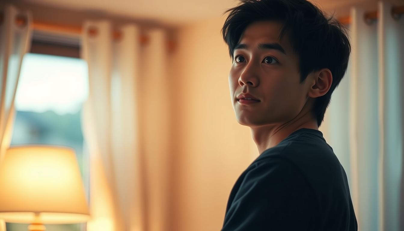 A thoughtful young Japanese man stands in a cozy, softly lit room, his eyes filled with a gentle, earnest gaze as he contemplates his feelings for the one he adores. His body language is relaxed, yet attentive, conveying a sense of care and sensitivity. The lighting casts a warm, intimate glow, creating an atmosphere of quiet reflection and sincere emotion. The background is subtly blurred, keeping the focus on the man's pensive expression and the unspoken emotions that linger in the air.