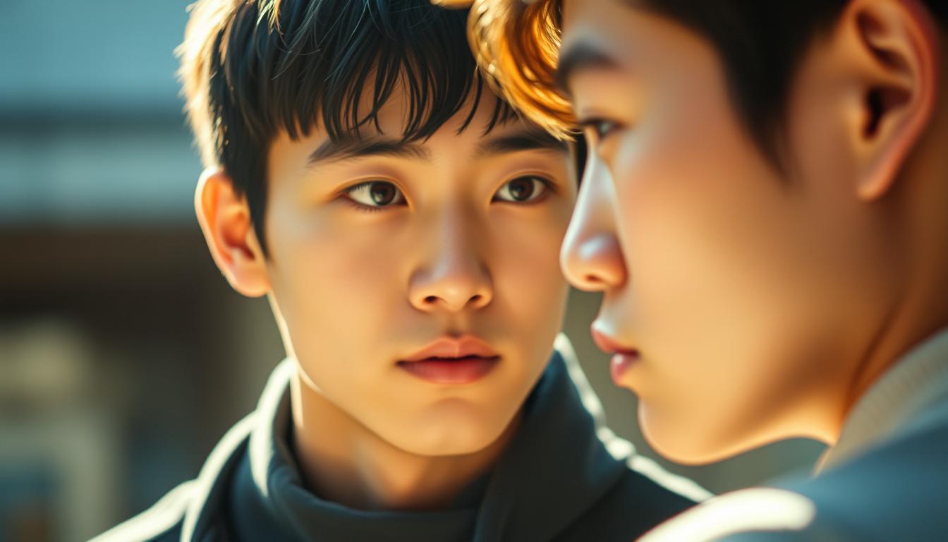 A young Japanese man gazes intently at his love interest, his eyes shining with a subtle, tender expression. The soft, natural lighting accentuates the delicate features of his face, casting a warm, contemplative mood. In the middle ground, his posture is slightly angled towards the object of his affection, his body language conveying a sense of gentle interest and care. The background is slightly blurred, allowing the viewer to focus on the intimate moment unfolding before them, capturing the essence of a fleeting "sign of affection" between two individuals.
