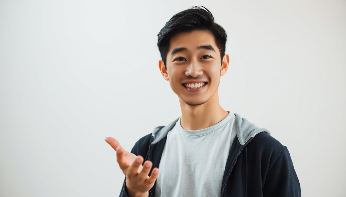A young Japanese-looking man with a warm, confident expression, making eye contact while gesturing invitingly with an open palm. He stands in a softly lit, minimalist setting, creating an atmosphere of approachability and engagement. The scene conveys a sense of active, positive communication, reflecting the title "Signs of an Assertive Approach."