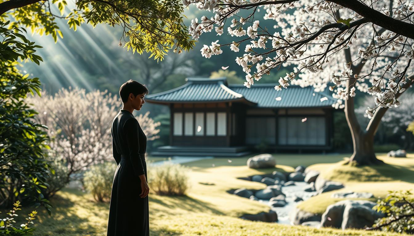 A serene Japanese garden scene with a harmonious balance of natural elements. In the foreground, a ISFJ figure stands contemplatively, their body language conveying a sense of quiet dedication and emotional depth. Soft lighting filters through the lush foliage, casting gentle shadows and creating an atmosphere of tranquility. In the middle ground, a traditional wooden structure with clean lines and muted tones blends seamlessly with the surroundings. The background features a carefully cultivated landscape, with a meandering stream, carefully placed rocks, and the delicate petals of cherry blossoms drifting in the air. The overall mood is one of introspection, emotional expression, and a deep connection to the natural world.