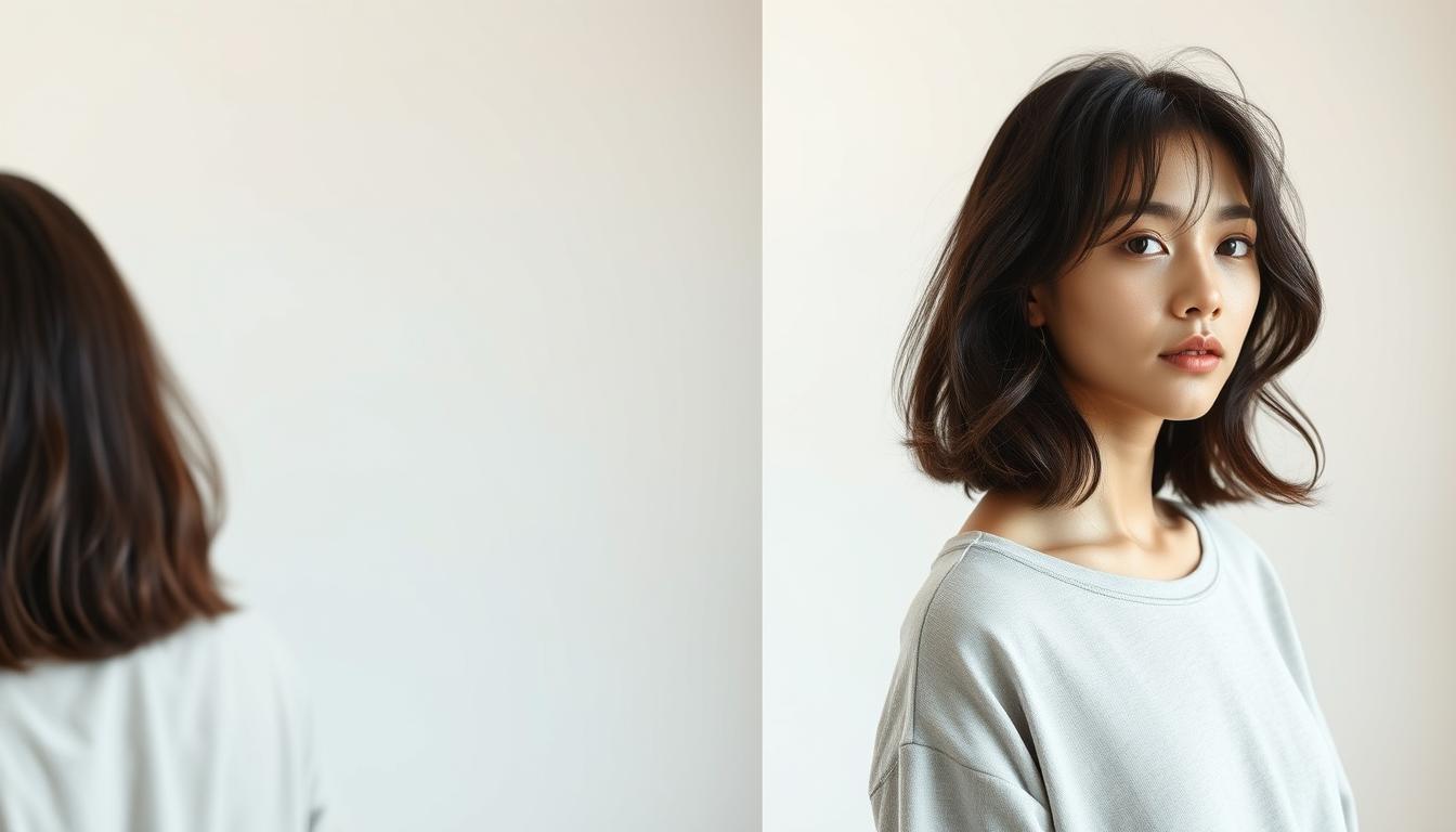 An intimate portrait chronicling the evolving effects of a 3-month product usage, captured in a series of candid, high-resolution photographs. The subject, a young Japanese individual with natural, dark hair, stands in well-lit, minimalist settings, allowing the product's subtle transformations to take center stage. The camera angles and perspectives shift subtly, providing a multi-faceted view of the user's experience. Soft, natural lighting and a clean, uncluttered backdrop create an atmosphere of authenticity, inviting the viewer to engage with the narrative of the product's impact over time.