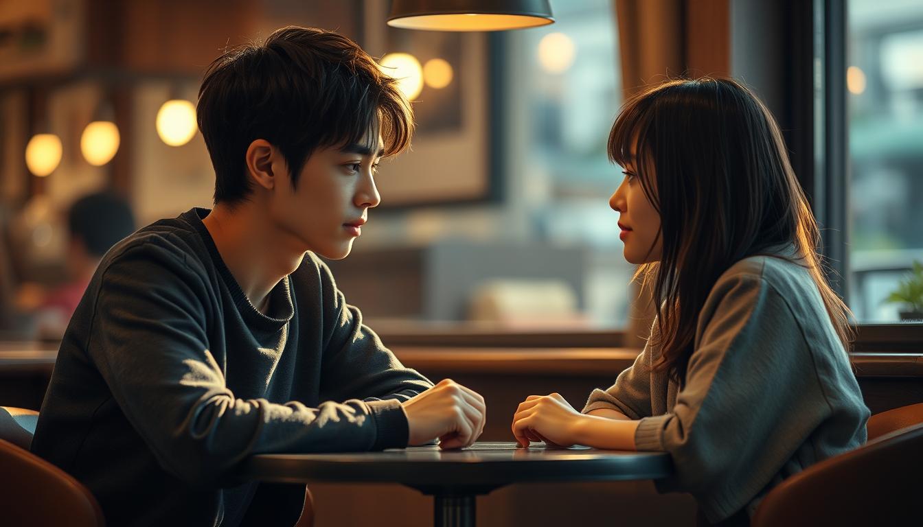 A cozy cafe setting, warm lighting spilling over two young Japanese partners seated across a small table, engaged in deep, meaningful conversation. Their eyes lock, expressions soft yet pensive, as they reconnect after a period of distance. Subtle body language conveys a sense of guarded hope and cautious vulnerability. The background is blurred, focusing the viewer's attention on this intimate exchange, the tension and tenderness palpable in the air. Realistic photographic style, high resolution, detailed facial features.