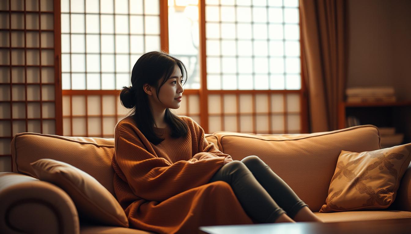 A cozy Japanese living room setting, with a warm and inviting atmosphere. An ISFJ person sits on a plush sofa, gazing intently at the person they care for, their eyes filled with a gentle, attentive expression. The lighting is soft and diffused, creating a sense of intimacy. The background features traditional Japanese decor, such as shoji screens and a minimalist aesthetic, conveying a serene and harmonious ambiance. The ISFJ's body language is relaxed yet focused, their posture leaning slightly towards their loved one, indicating a desire to connect and understand them on a deeper level. The overall scene evokes a sense of emotional connection, care, and a willingness to provide a safe, nurturing environment for the person they hold dear.