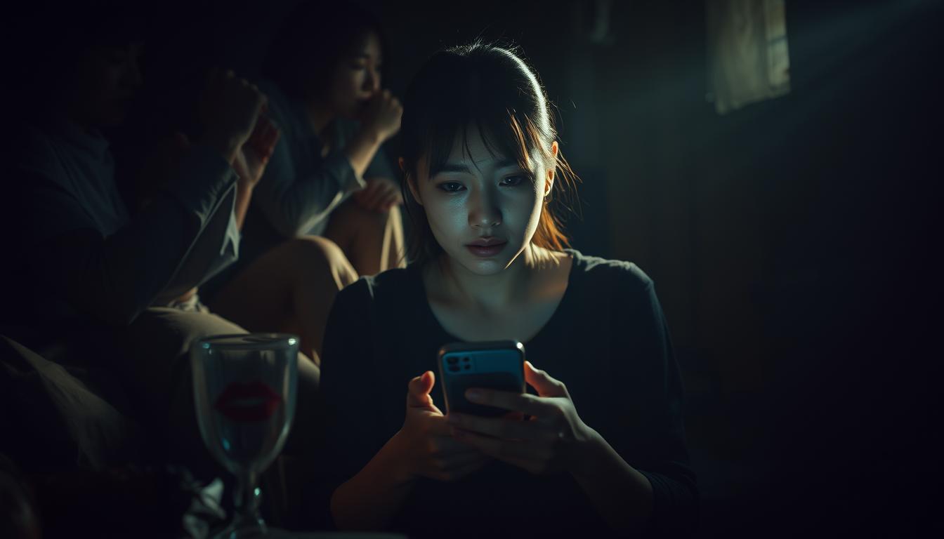 A dimly lit room, a tangle of shadows and secrets. In the center, a young Japanese woman sits, her face etched with worry, her phone casting a soft glow on her features. Surrounding her, an array of clues - a half-empty glass, a smudged lipstick mark, a crumpled receipt - all hinting at the possibility of betrayal. The air is thick with tension, the sense of something hidden, something about to be uncovered. The lighting is moody, the camera angles shifting, drawing the viewer deeper into this web of suspicion and doubt. The scene conveys the unease and uncertainty of a relationship on the brink, a moment where the truth hangs in the balance.