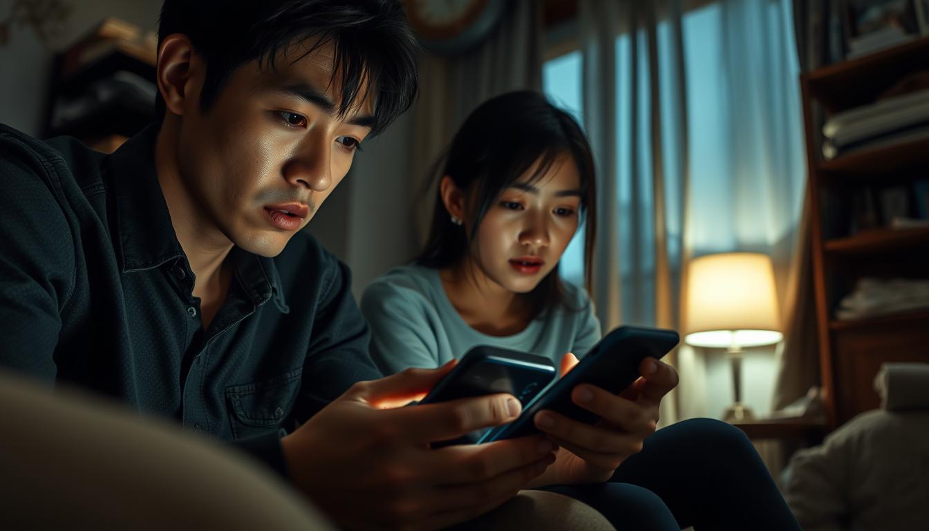 A suspenseful, realistic investigation scene of a young Japanese couple in an intimate living room setting. The man, with a concerned expression, leans over a smartphone as the woman examines it intently, searching for digital clues of his potential infidelity. Subtle lighting casts dramatic shadows, heightening the tension. The room's cluttered details and muted color palette convey a sense of domestic unease. The camera angle is slightly low, drawing the viewer into the private moment. An air of mystery and betrayal permeates the scene, reflecting the article's subject matter.