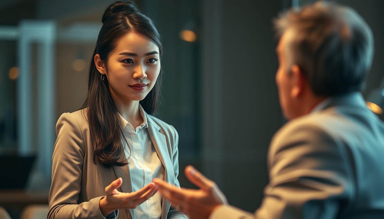 A stylishly dressed young Japanese woman stands confidently, her gaze focused as she listens intently to the advice of a professional consultant sitting across from her. Warm lighting illuminates their faces, creating an atmosphere of trust and thoughtful consideration. The scene is captured with a shallow depth of field, emphasizing the intimate nature of their discussion. Subtle details, such as the consultant's hands gesturing expressively and the woman's attentive posture, convey the impactful nature of the expert guidance being provided.