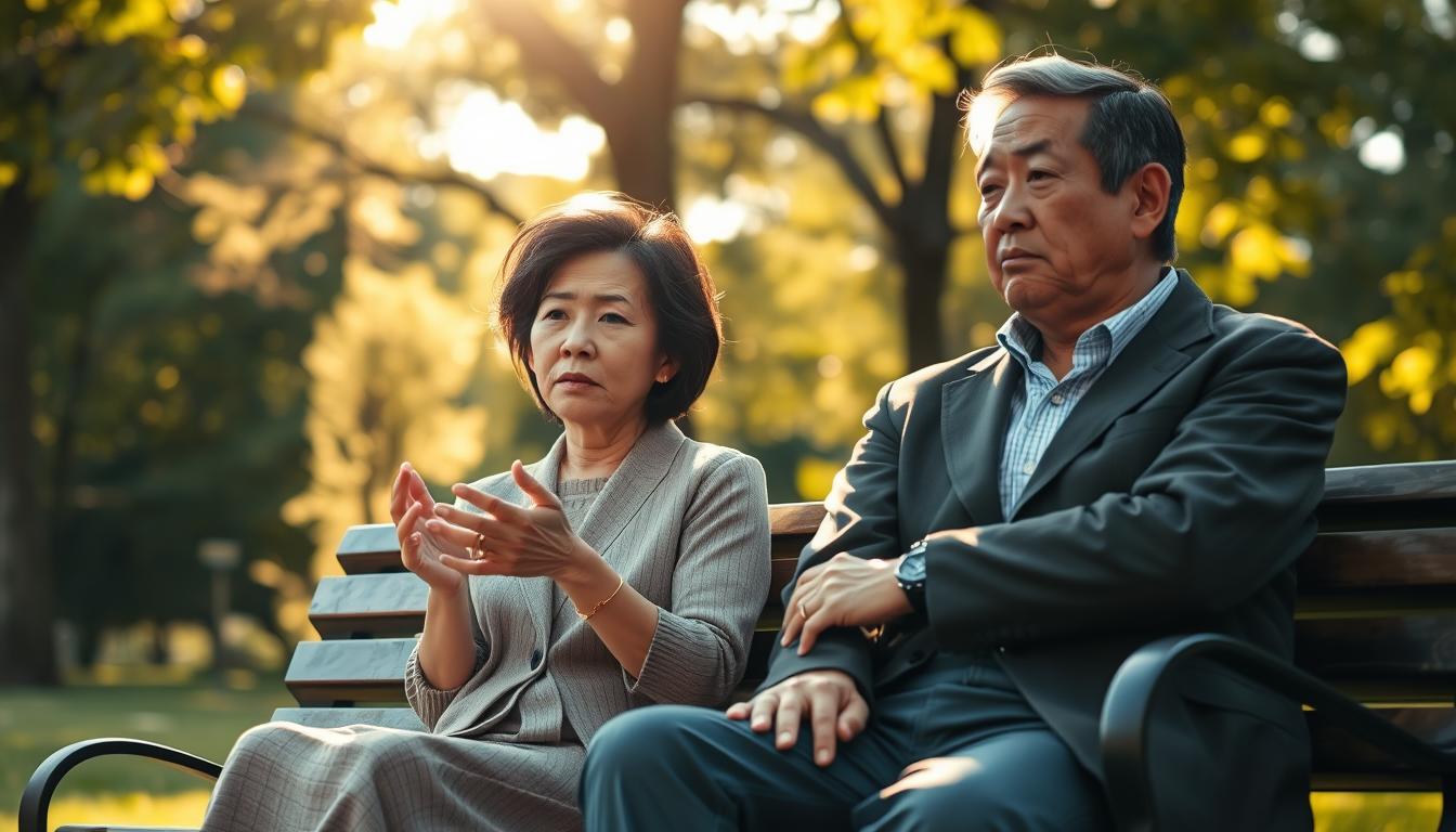 A middle-aged Japanese couple sitting on a park bench, engaged in an earnest discussion. The woman has a concerned expression, gesturing with her hands, while the man listens intently, his brow furrowed. Warm, golden sunlight filters through the lush foliage behind them, casting soft shadows. The scene conveys a sense of vulnerability and contemplation, as if capturing a private moment in their relationship. The two figures are sharply in focus, with a slightly blurred, dreamlike quality to the background, emphasizing the intimacy of their conversation.