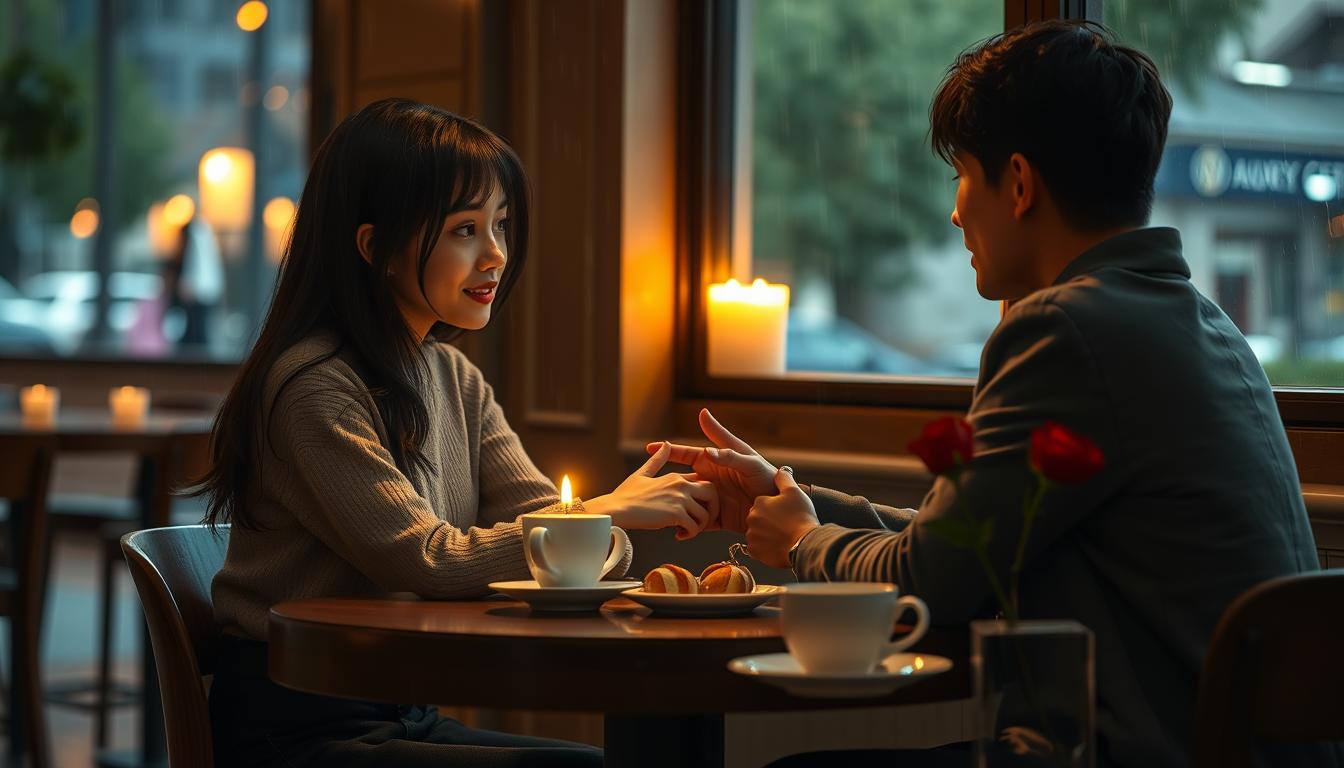 A cozy coffee shop on a rainy afternoon, the warm glow of candlelight casting a soft, intimate atmosphere. A young Japanese woman with long, ebony hair sits across from her date, her eyes shining with genuine interest as they converse animatedly, their hands occasionally brushing against each other. The table is set with a simple, yet elegant spread - a steaming mug of tea, a plate of delicate pastries, and a single red rose in a slim vase. The muted tones of the decor and the gentle patter of rain outside create a sense of tranquility, allowing the two to become lost in their own private world, savoring the moment and the depth of their connection.