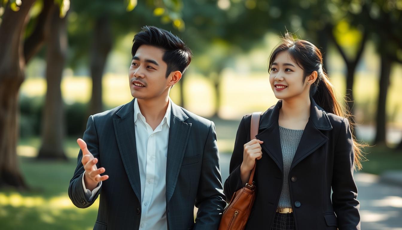 A stylishly dressed young Japanese couple strolling through a serene, sun-dappled park, their expressions exuding confidence and contentment. The man, with a well-groomed, mature appearance, gestures expressively as he shares insights with his companion, a youthful, attractive woman whose attentive gaze suggests she is captivated by his charm. Soft natural lighting and a blurred, verdant background create an intimate, romantic atmosphere, hinting at the successful techniques this couple has mastered in capturing each other's hearts.