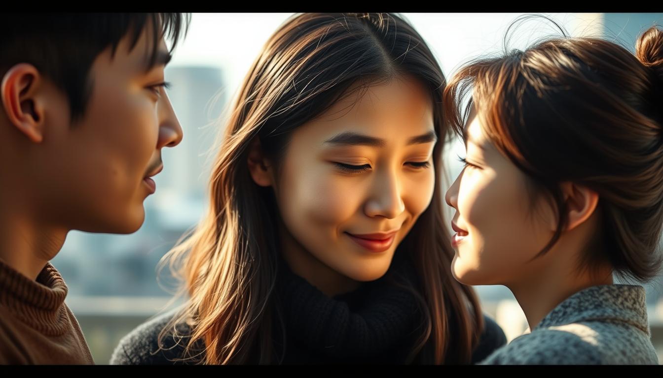 A gentle yet profound connection unfolds between a young Japanese man and woman, their gazes locked in a moment of deep trust and understanding. The soft, natural lighting illuminates their features, capturing the warmth and intimacy of their interaction. In the background, a blurred cityscape sets the scene, allowing the focus to remain squarely on the couple's heart-to-heart exchange. The overall composition conveys a sense of emotional vulnerability and the delicate balance required to build a meaningful relationship built on mutual respect and care.