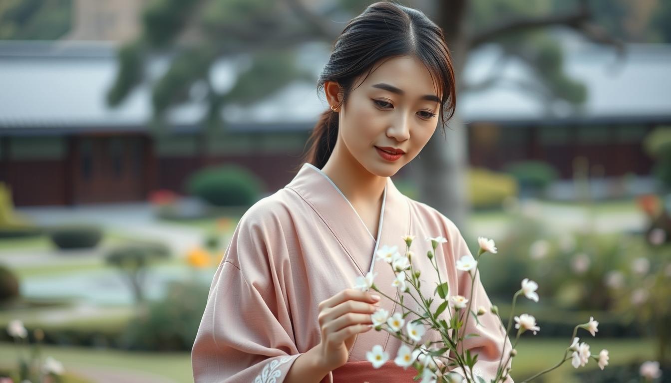 A serene Japanese woman with warm eyes and a gentle expression, dressed in a soft, muted-toned kimono, stands amidst a tranquil garden landscape. Subtle lighting accentuates her attentive, caring demeanor as she gracefully arranges a delicate flower arrangement, embodying the essence of ISFJ's attentive and thoughtful nature. The scene is captured with a shallow depth of field, creating a calming, intimate atmosphere that reflects the ISFJ's inclination to prioritize the needs and comfort of their loved ones.