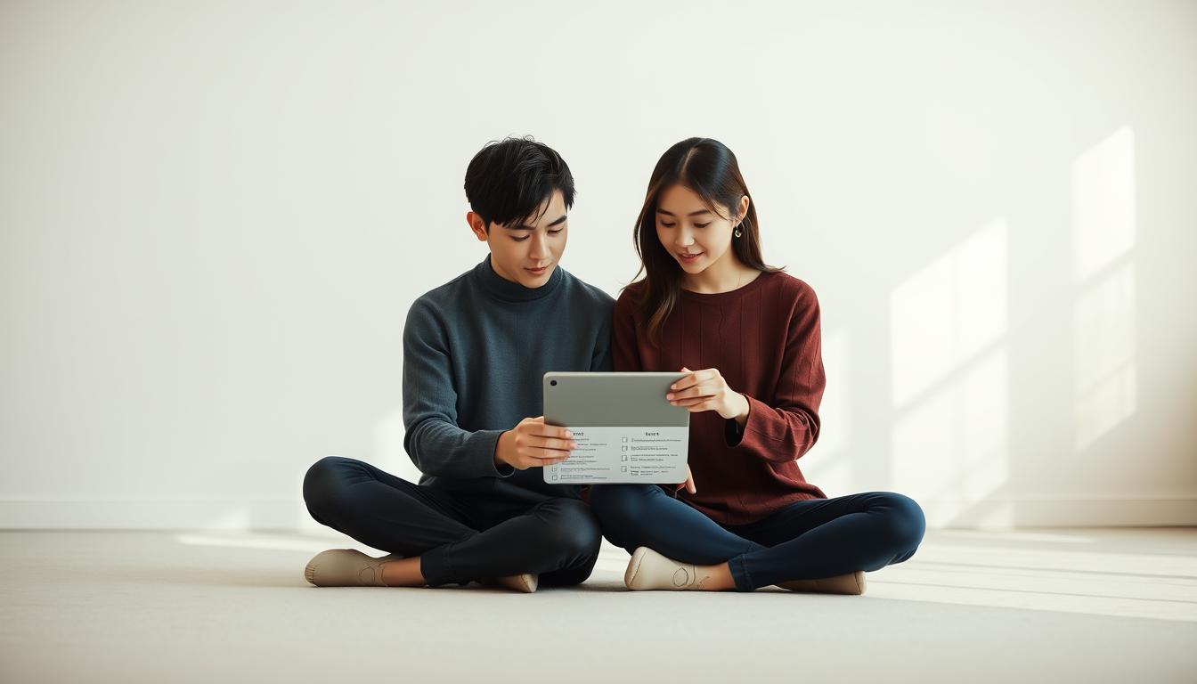 A serene, minimalist interior scene depicting a young Japanese couple thoughtfully engaged in a "Values Difference Checklist." Soft, natural lighting illuminates the clean, modern living space. The pair, with refined, youthful features, sit cross-legged on the floor, focused intently on the tablet between them, navigating their differing perspectives with care and consideration. A sense of contemplation and openness pervades the scene, as they seek to understand one another more deeply. The composition is balanced, with the couple centered, and the background blurred to keep the attention on their intimate dialogue.