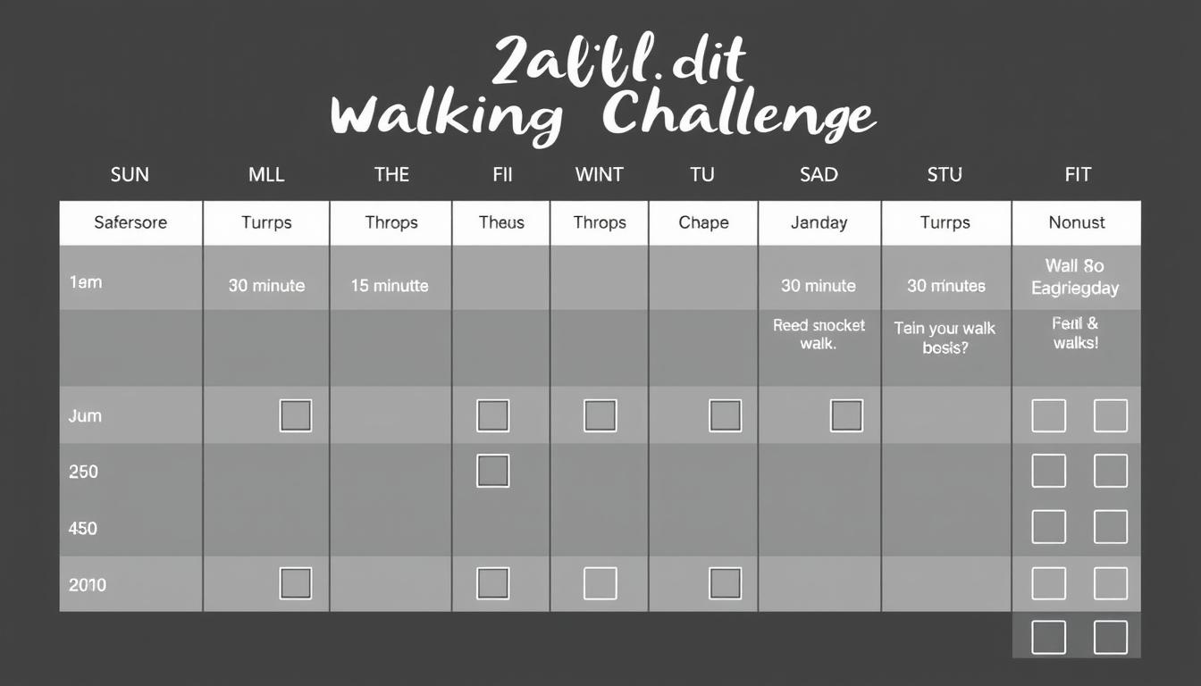Calendar showing a 30-day walking challenge with daily checkmarks
