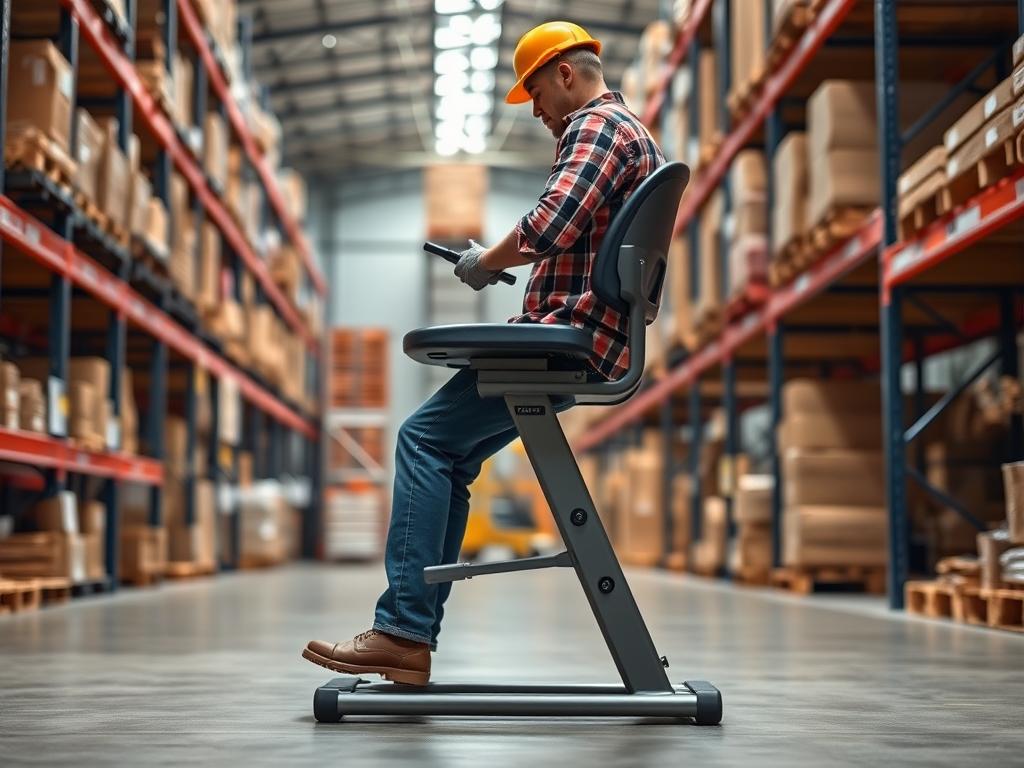 Ergonomische Stehhilfe für Lagerarbeit zur Rückenentlastung Ergonomische Stehhilfe für Lagerarbeit zur Rückenentlastung